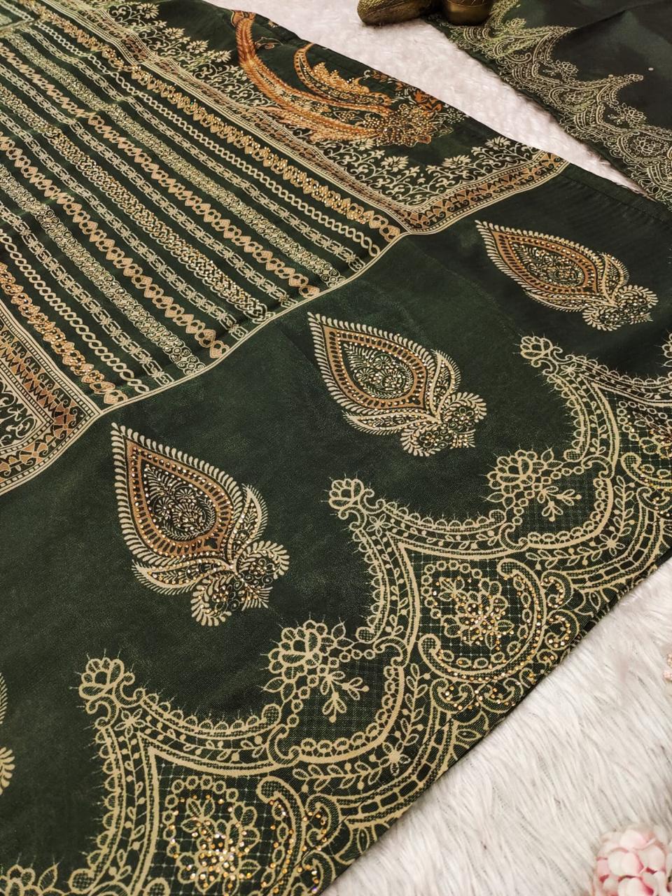 The showcases a beautiful and elegant Indian ethnic wear set. The combination of gold accents creates a sophisticated and timeless look