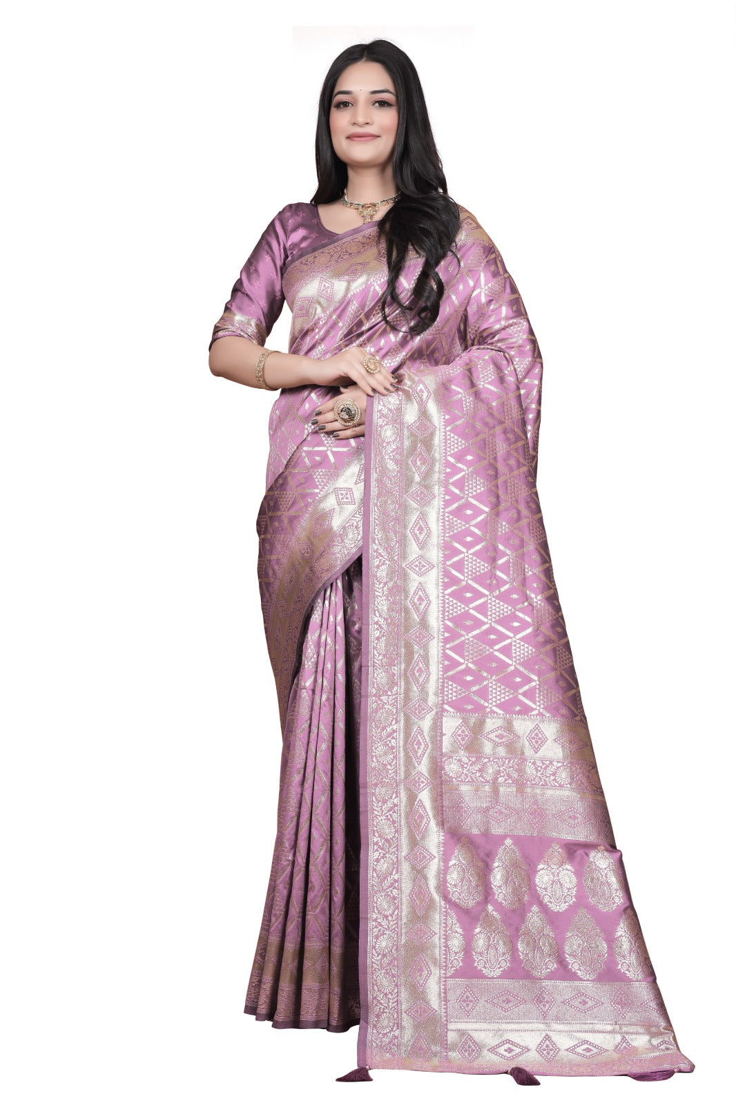 Lavender Banarasi Silk Saree with Silver Zari Geometric and Floral Design