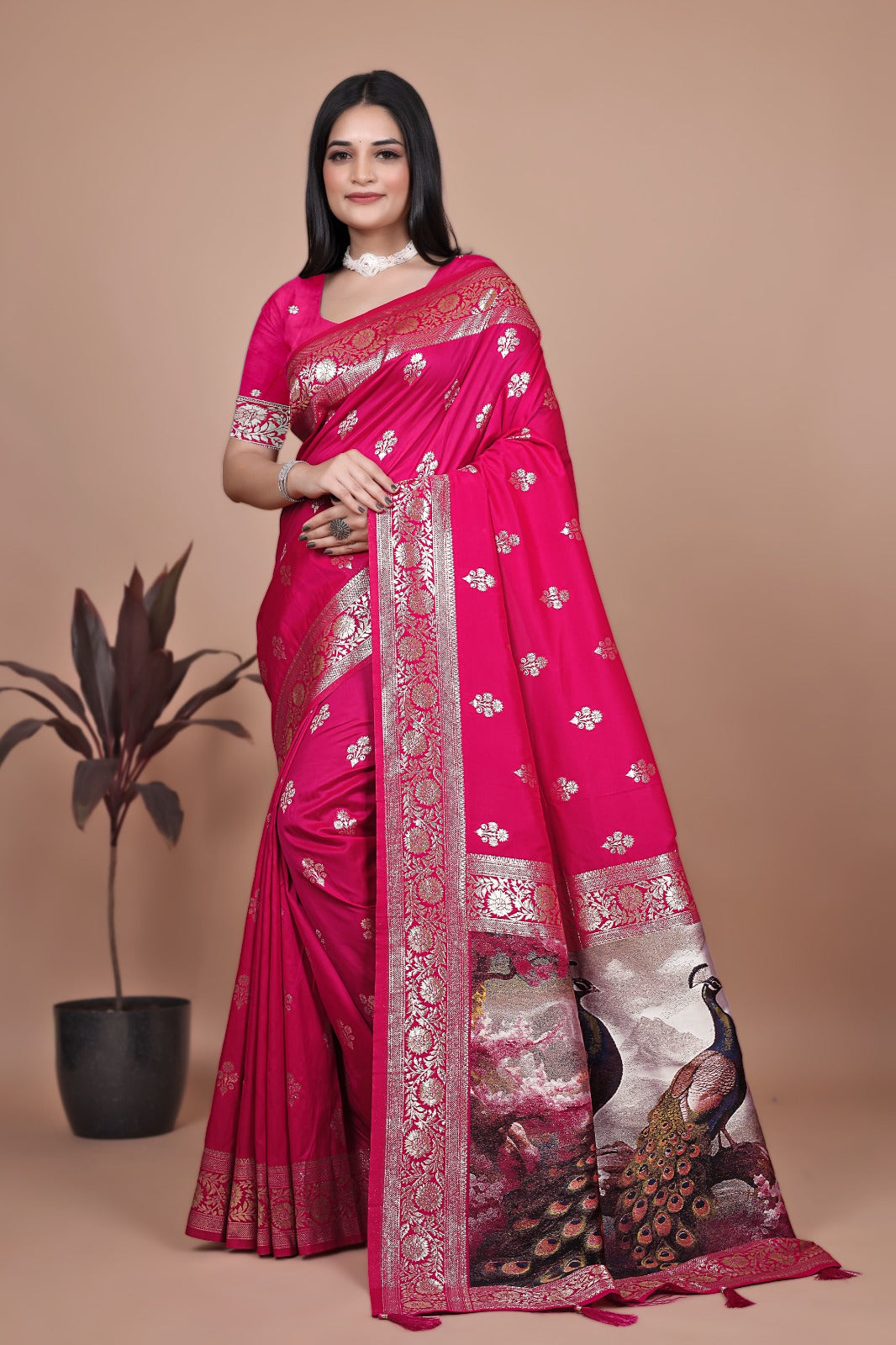 Majestic Magenta Silk Saree with Peacock Pallu