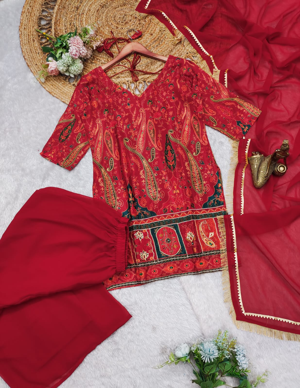 Elegant Red Printed Kurti Set with Dupatta for Women"