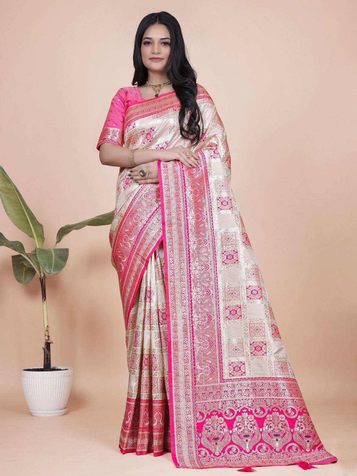 Cream and Pink Banarasi Silk Saree with Rich Silver Zari Weaving