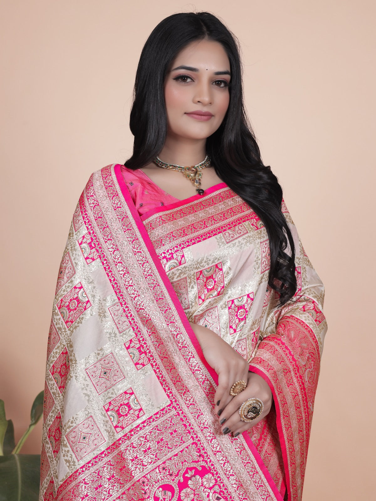 Cream and Pink Banarasi Silk Saree with Rich Silver Zari Weaving
