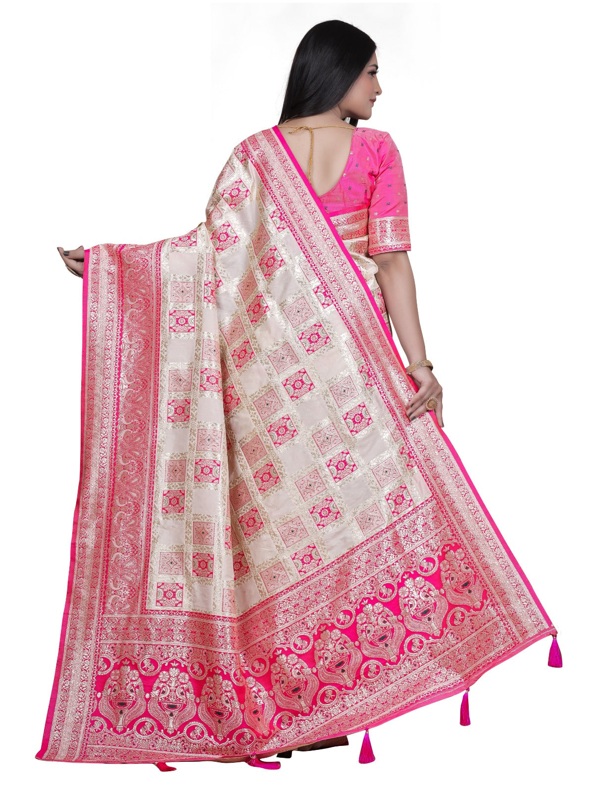Cream and Pink Banarasi Silk Saree with Rich Silver Zari Weaving