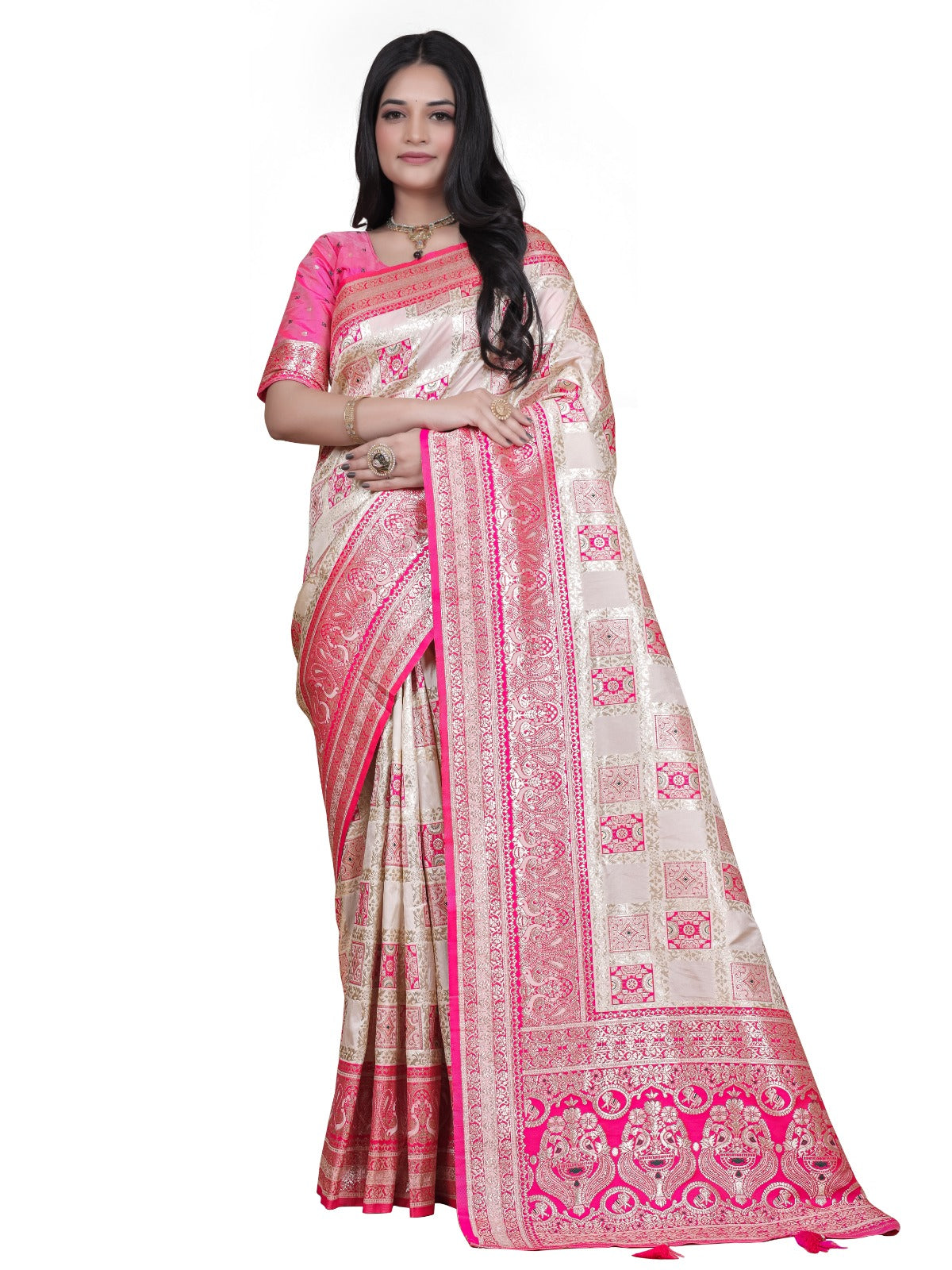 Cream and Pink Banarasi Silk Saree with Rich Silver Zari Weaving