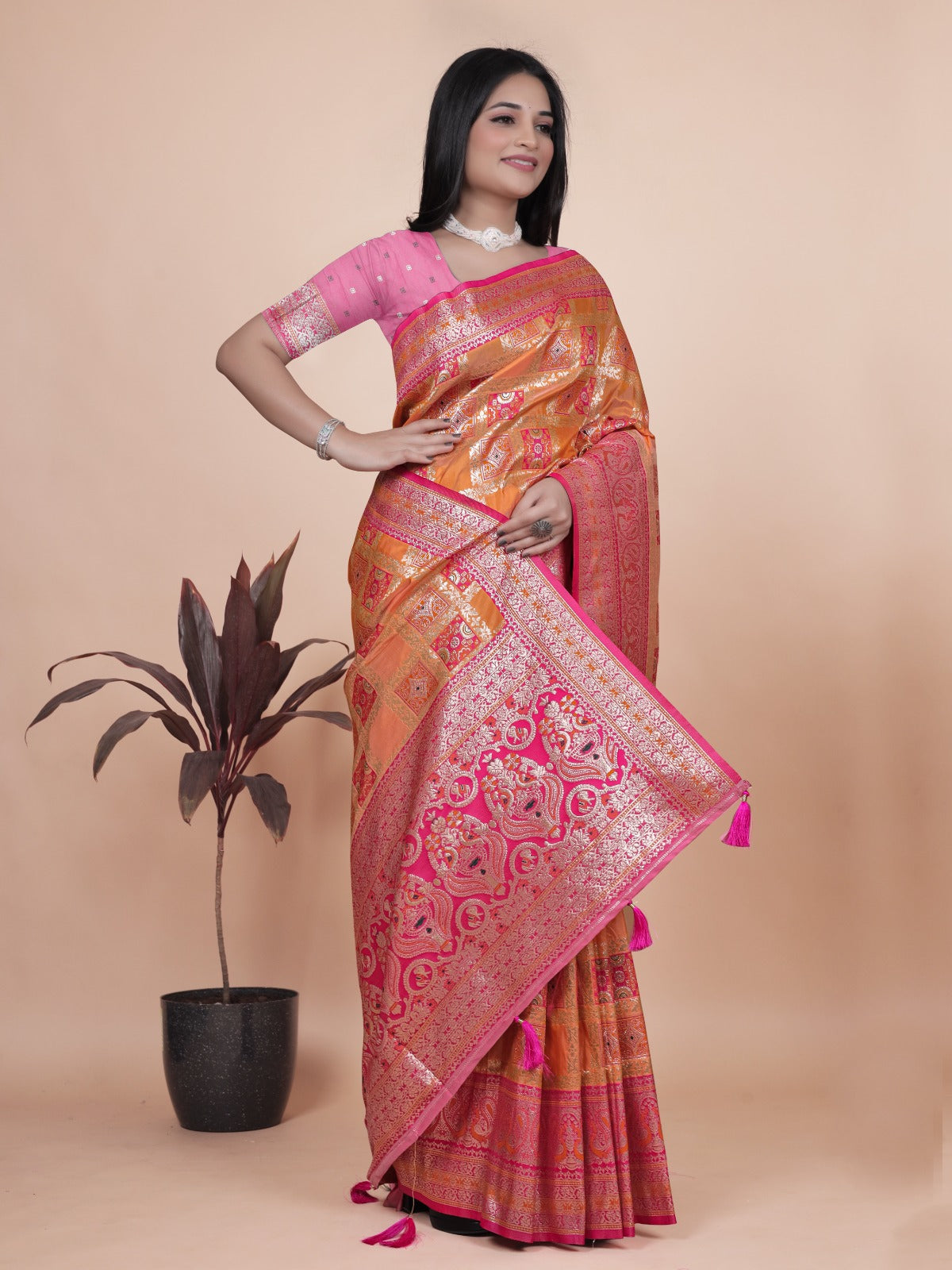 Orange and Pink Banarasi Silk Saree with Silver Zari Work