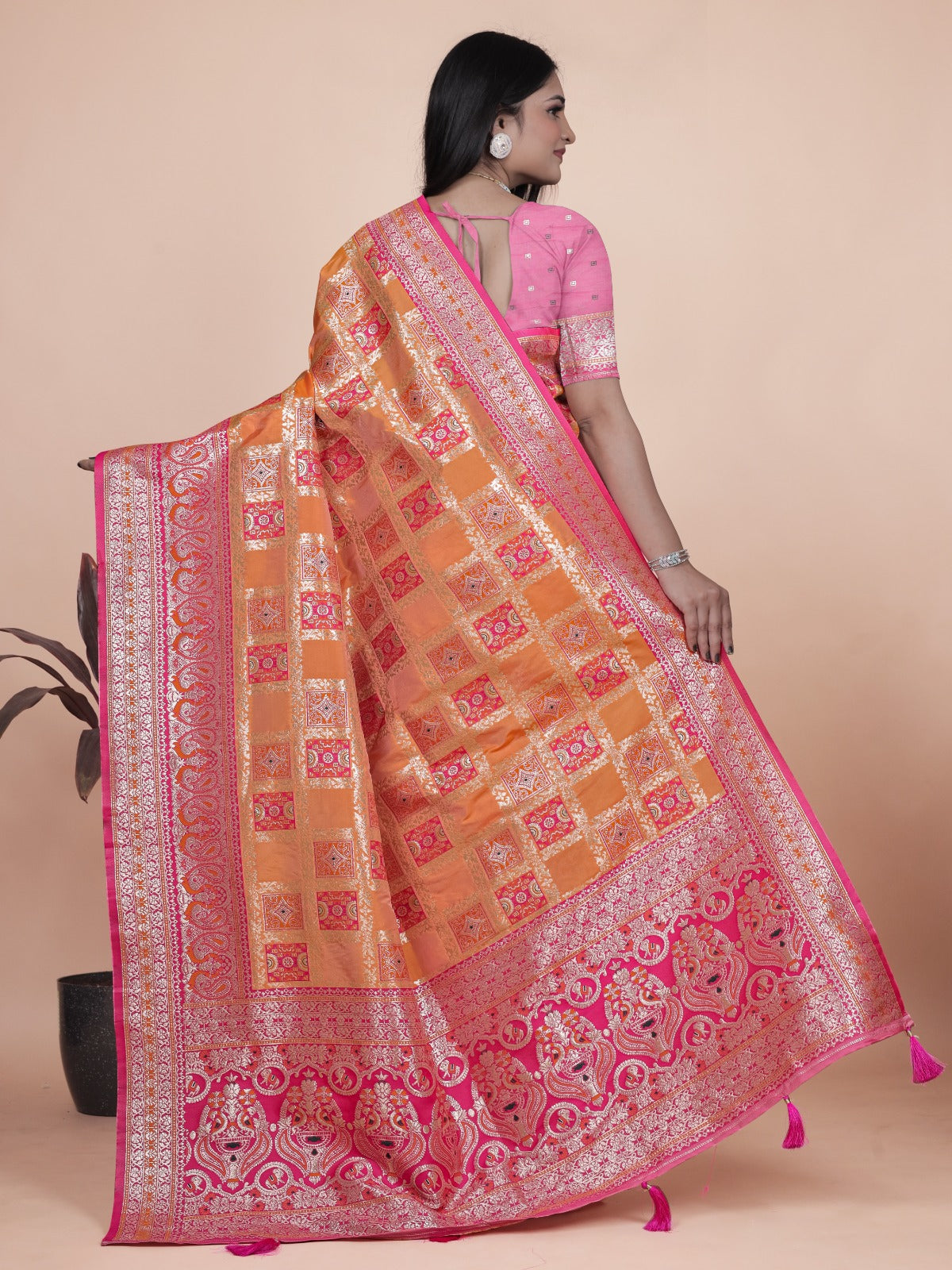 Orange and Pink Banarasi Silk Saree with Silver Zari Work