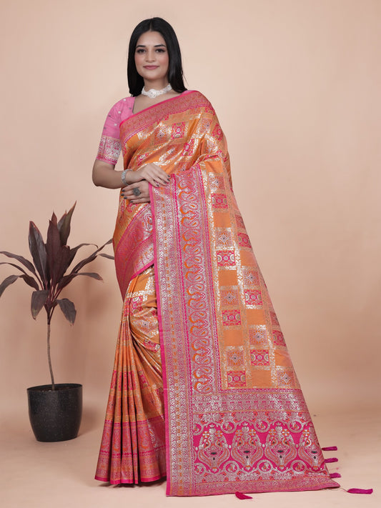 Orange and Pink Banarasi Silk Saree with Silver Zari Work