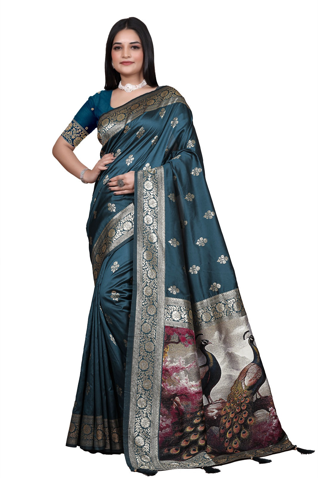 Teal Banarasi Silk Saree with Majestic Peacock Pallu