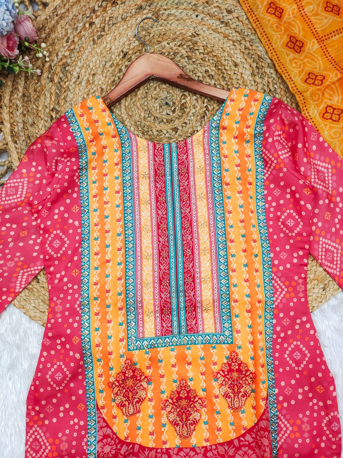 Best Multicoloured bandhni print with Stone work and Dupatta