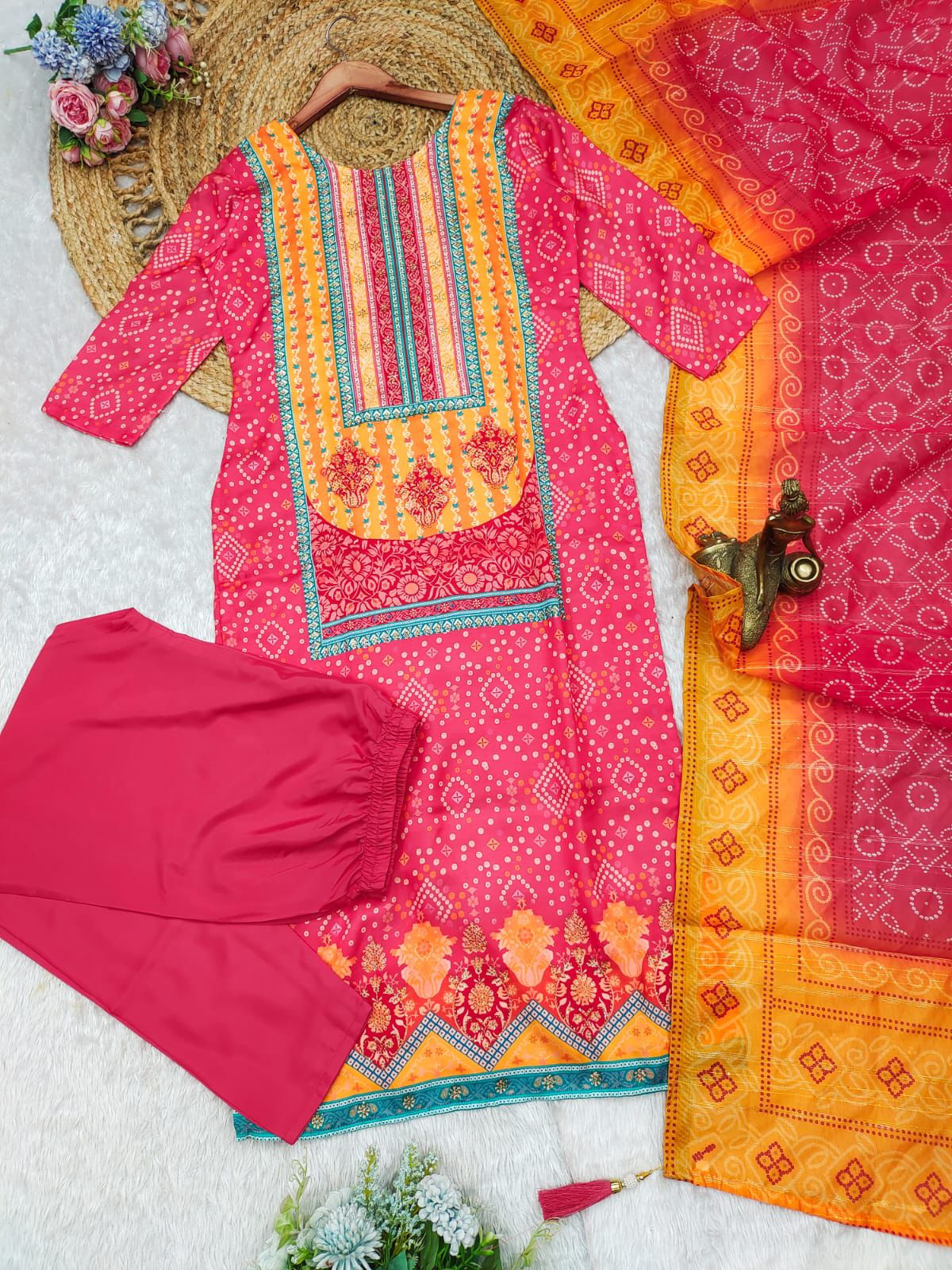 Best Multicoloured bandhni print with Stone work and Dupatta