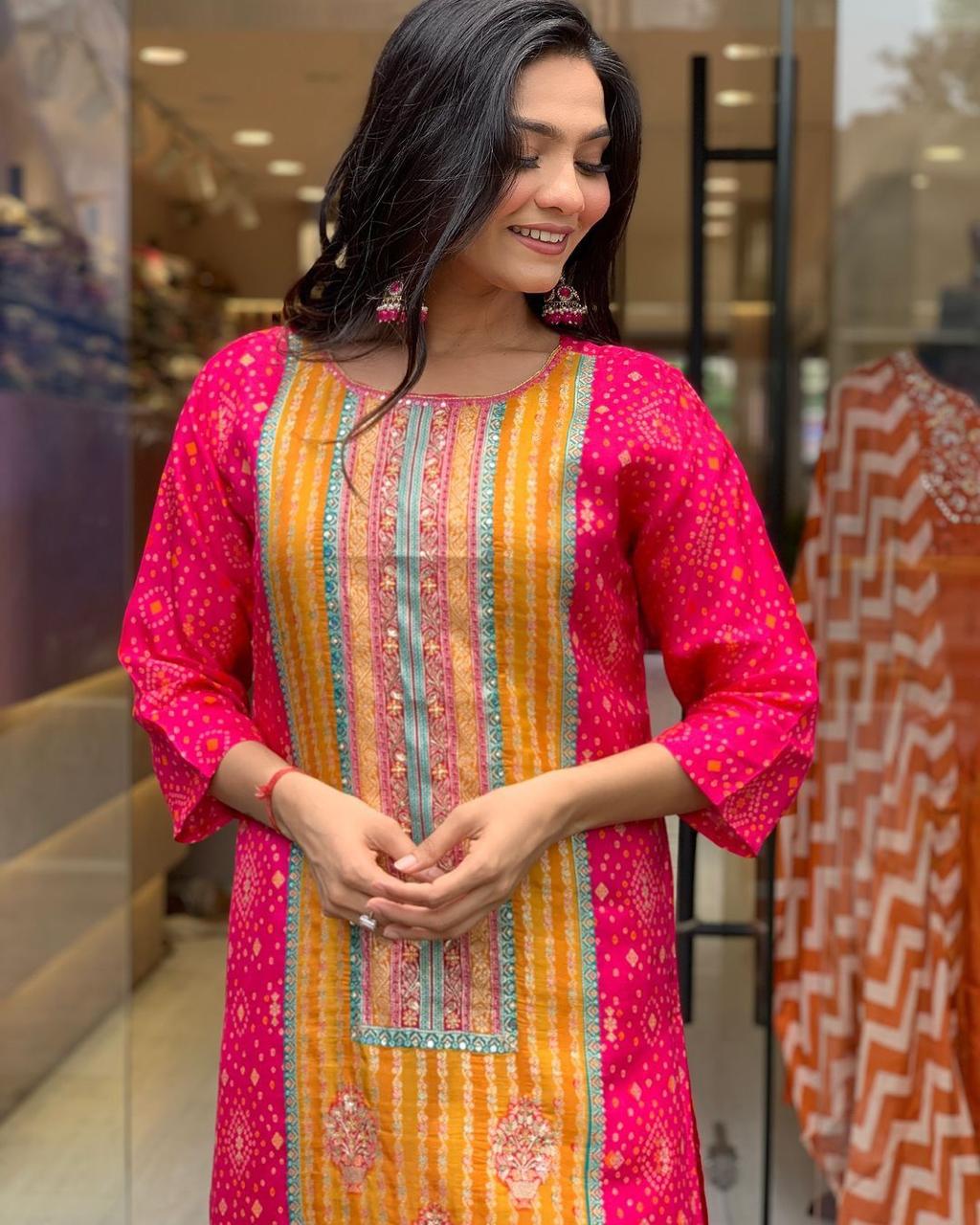 Best Multicoloured bandhni print with Stone work and Dupatta