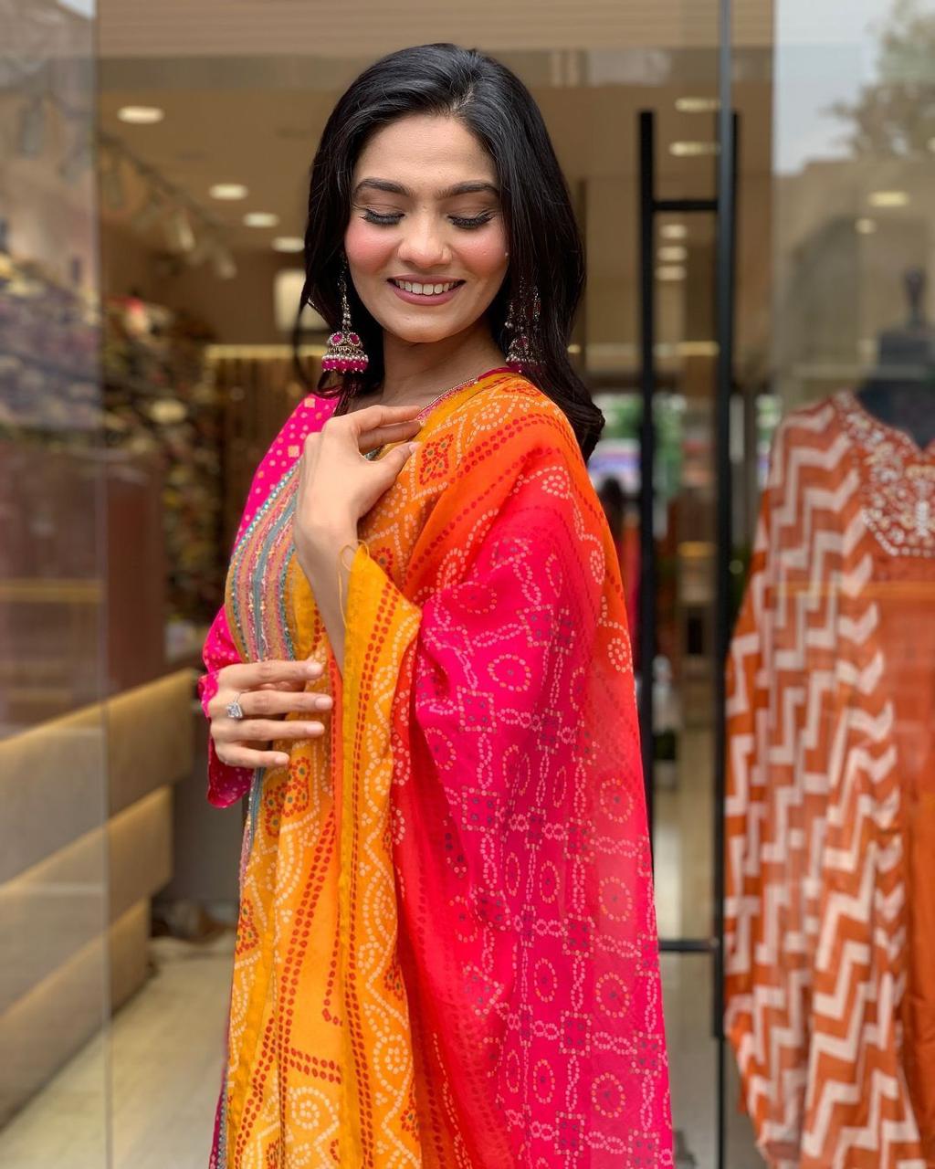 Best Multicoloured bandhni print with Stone work and Dupatta