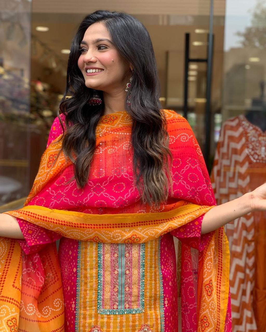 Best Multicoloured bandhni print with Stone work and Dupatta