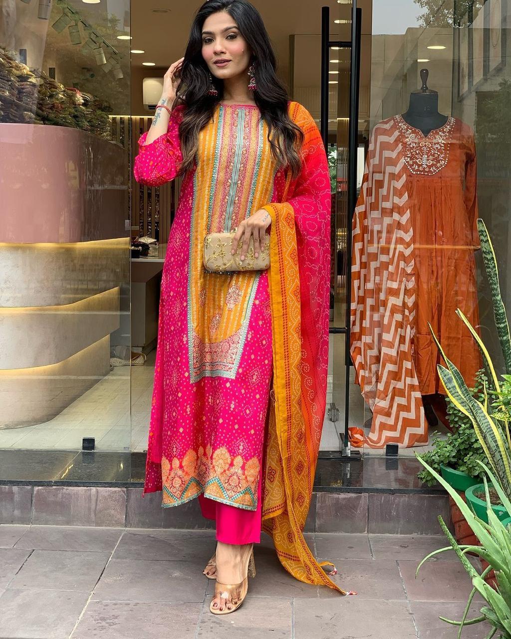 Best Multicoloured bandhni print with Stone work and Dupatta