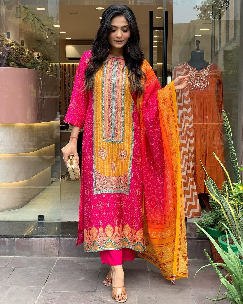 Best Multicoloured bandhni print with Stone work and Dupatta