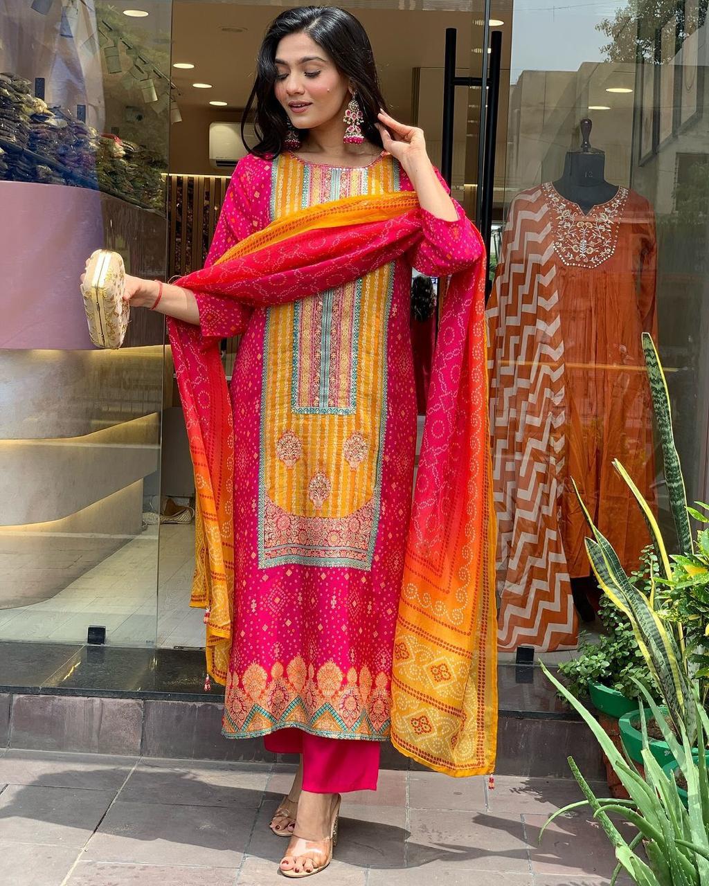 Best Multicoloured bandhni print with Stone work and Dupatta
