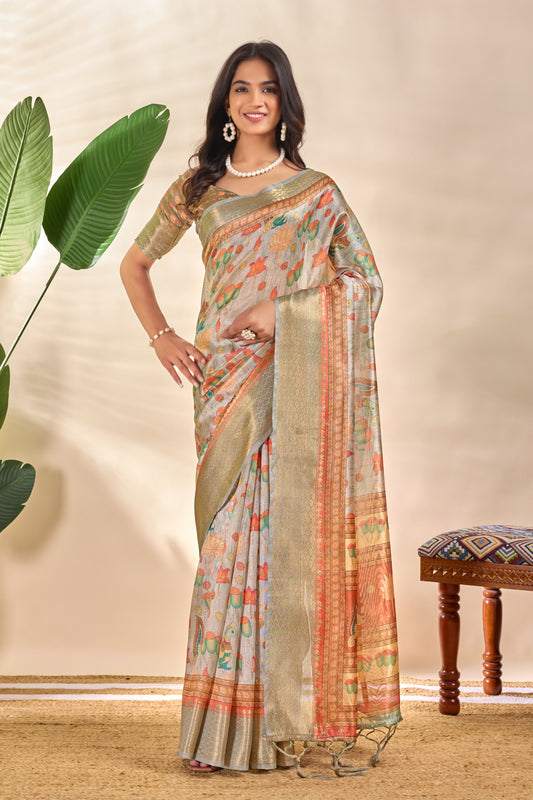 Royal Soft Silk Saree with Zari Border & Lotus Peacock Print