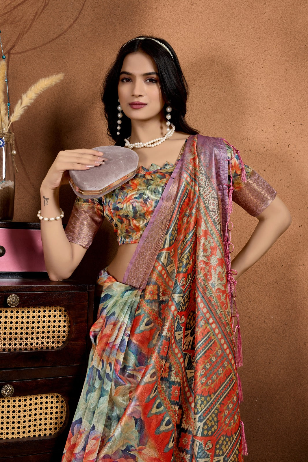Multicolor Soft Silk Saree with Ethnic Motif Pallu & Zari Border