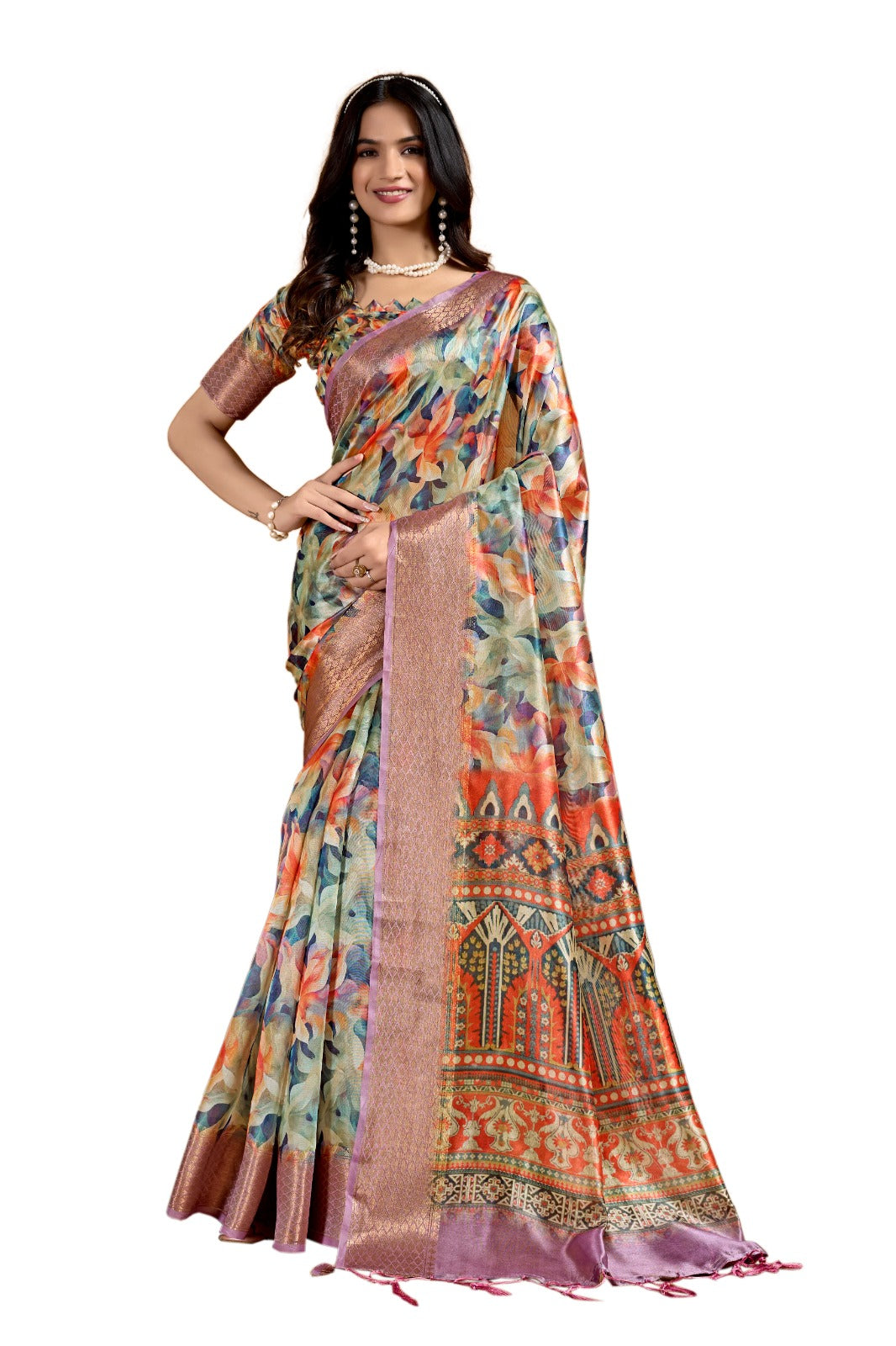 Multicolor Soft Silk Saree with Ethnic Motif Pallu & Zari Border