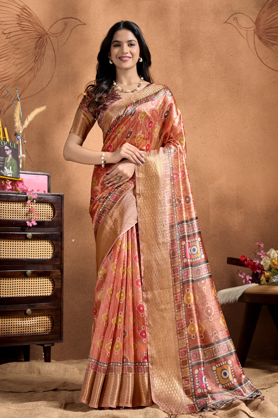 Rose Soft Silk Saree with Geometric Patola-Inspired Pallu & Zari Border