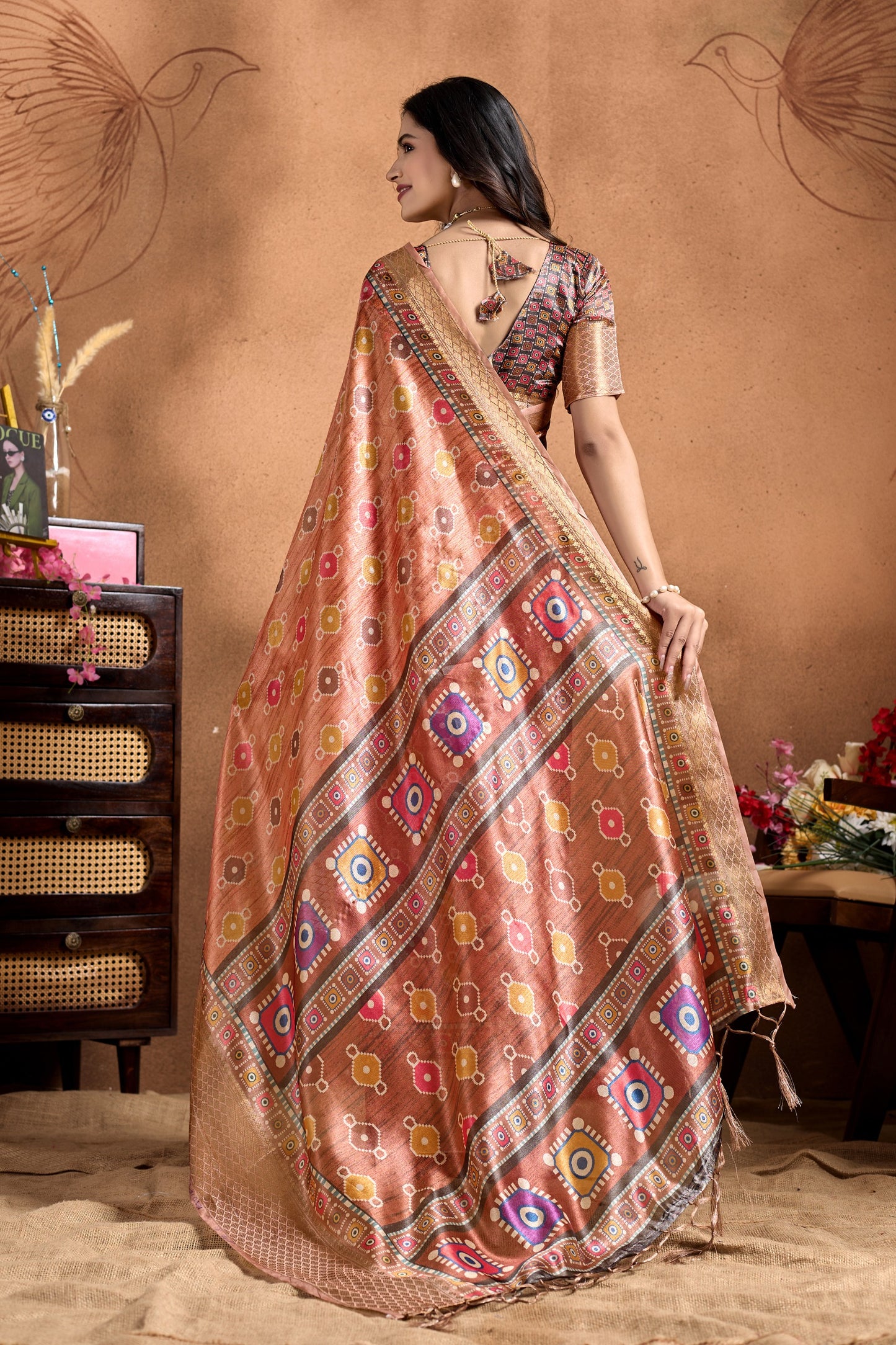 Rose Soft Silk Saree with Geometric Patola-Inspired Pallu & Zari Border