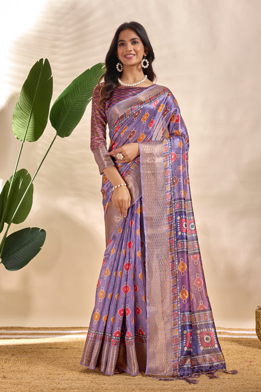 Patola-Inspired Purple Soft Silk Saree with Geometric & Floral Motifs