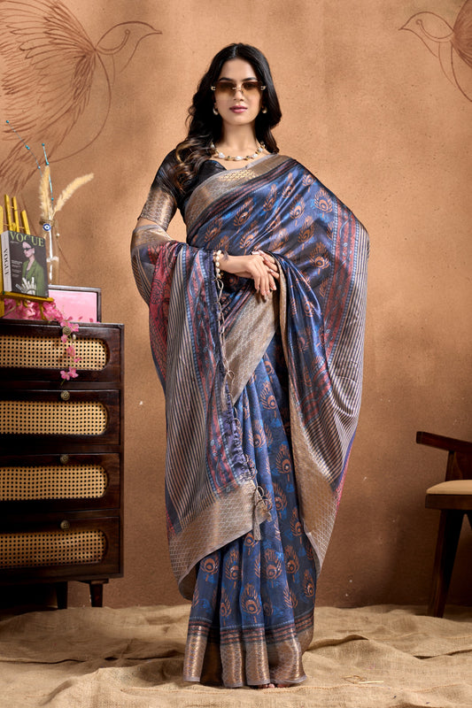 Peacock Motif Soft Silk Saree with Antique Zari Border