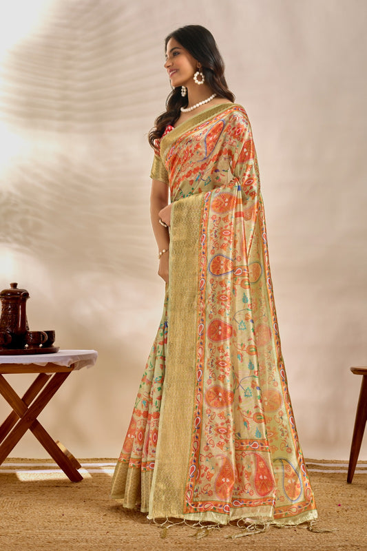 Soft Silk Saree with Traditional Paisley Floral Print and Zari Border