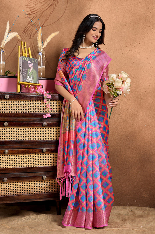 Pink-Blue Soft Silk Blend Saree with Geometric Motifs & Traditional Pallu