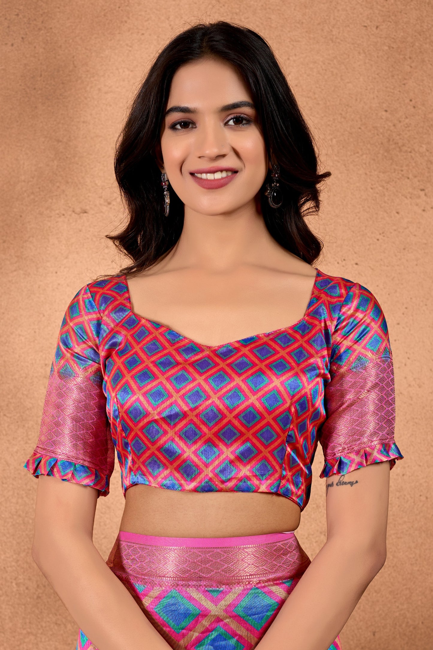 Pink-Blue Soft Silk Blend Saree with Geometric Motifs & Traditional Pallu