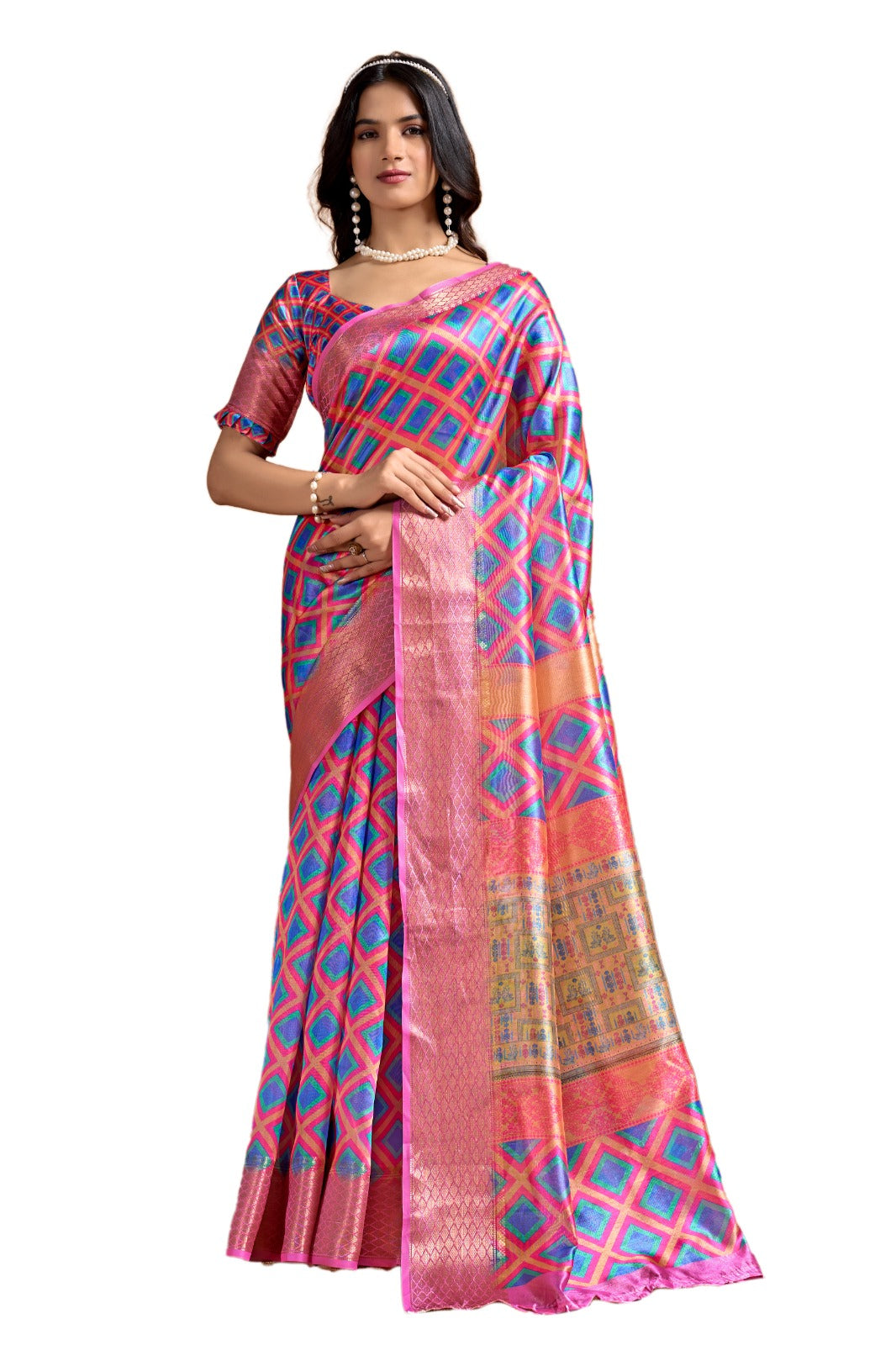 Pink-Blue Soft Silk Blend Saree with Geometric Motifs & Traditional Pallu