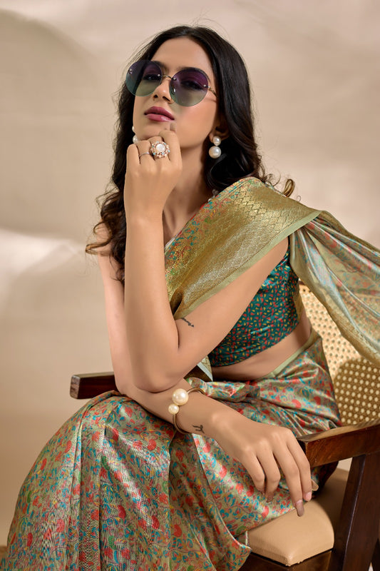 Olive-Green Soft Silk Blend Saree with Traditional Pallu & Floral Body