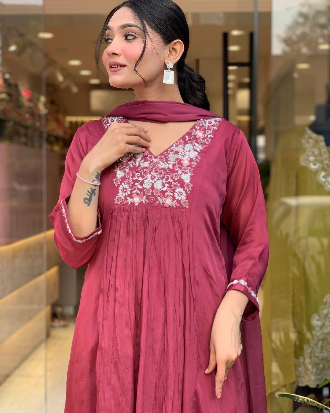 Traditional Maroon Kurta – With Dupatta & Charm