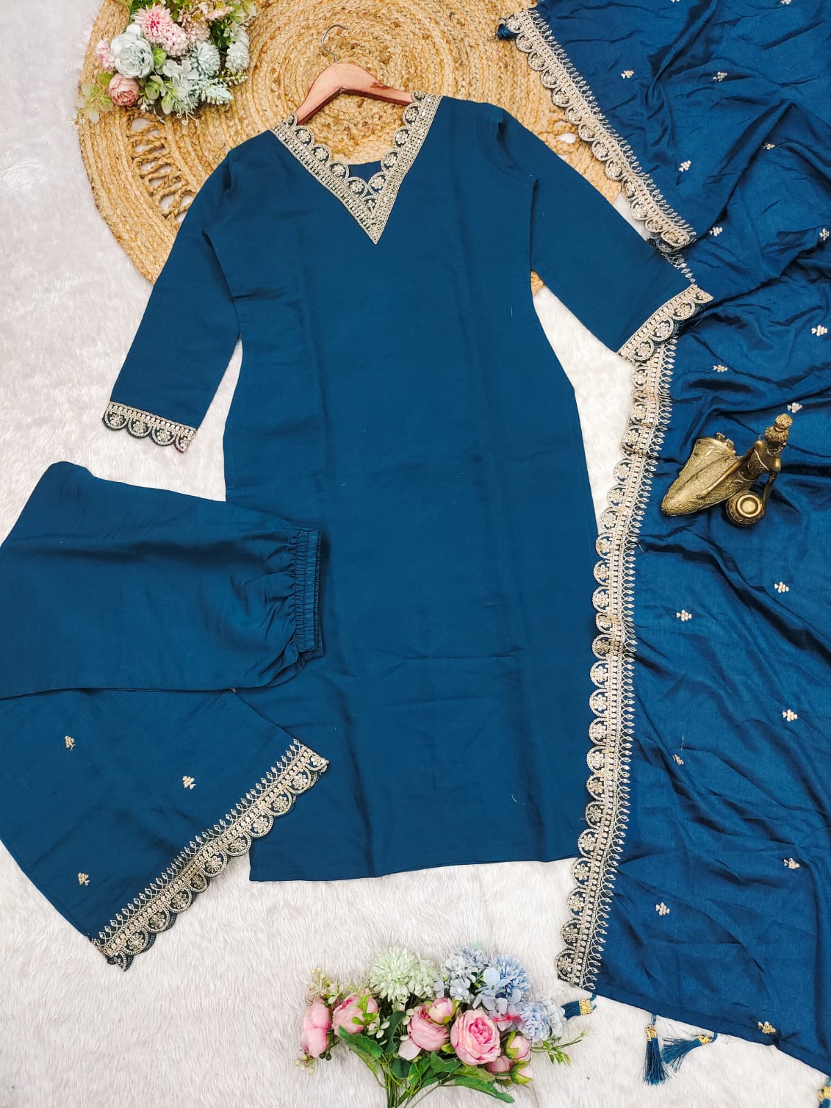 Elegant Blue Kurta Set β Silver Embroidered Grace