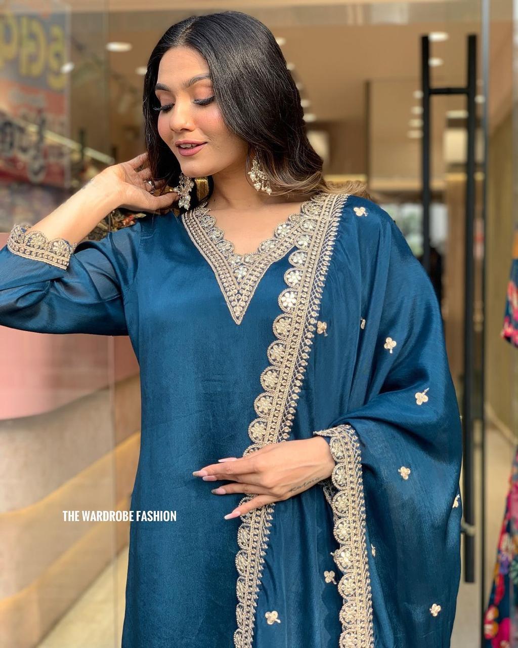 Elegant Blue Kurta Set β Silver Embroidered Grace