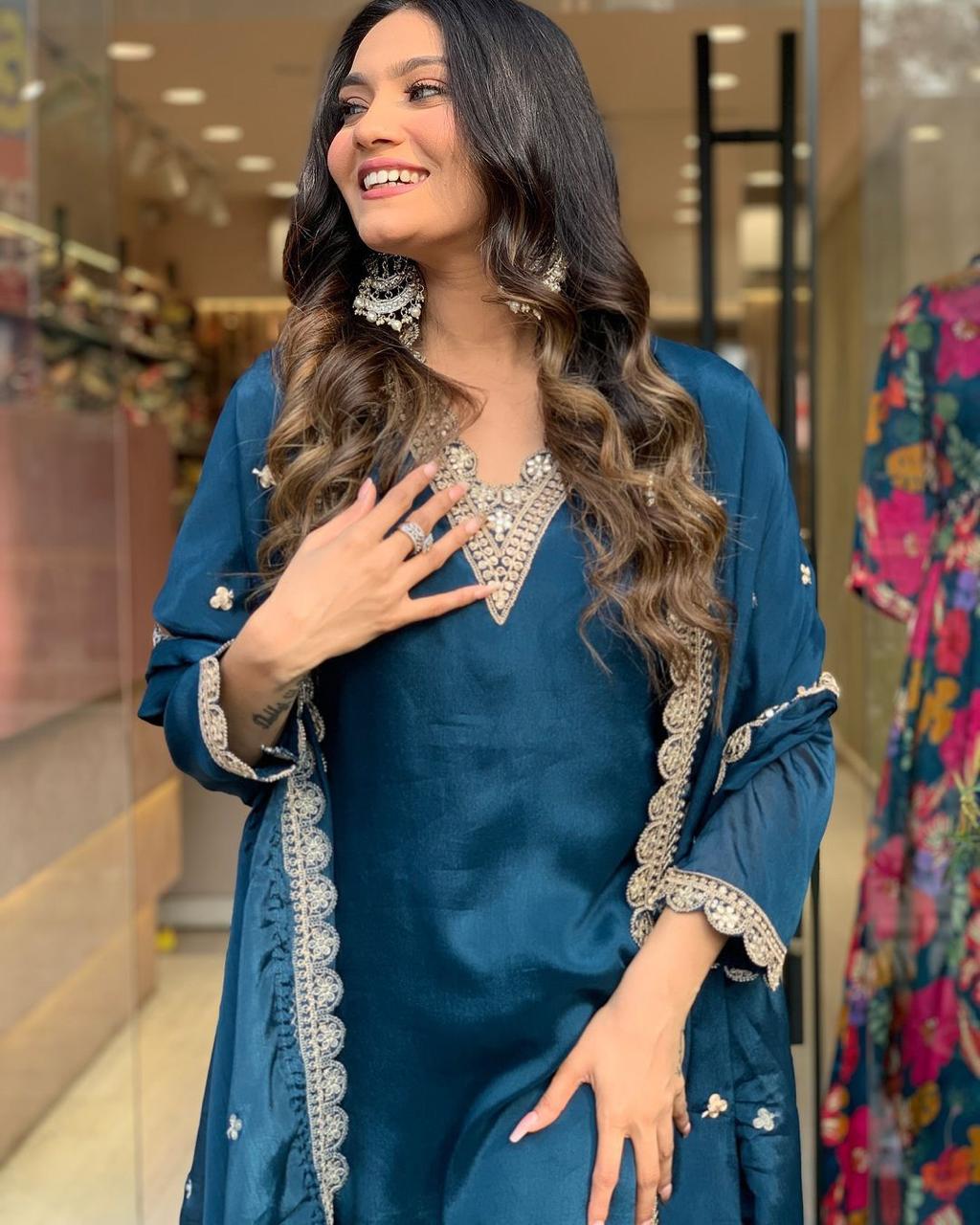 Elegant Blue Kurta Set β Silver Embroidered Grace