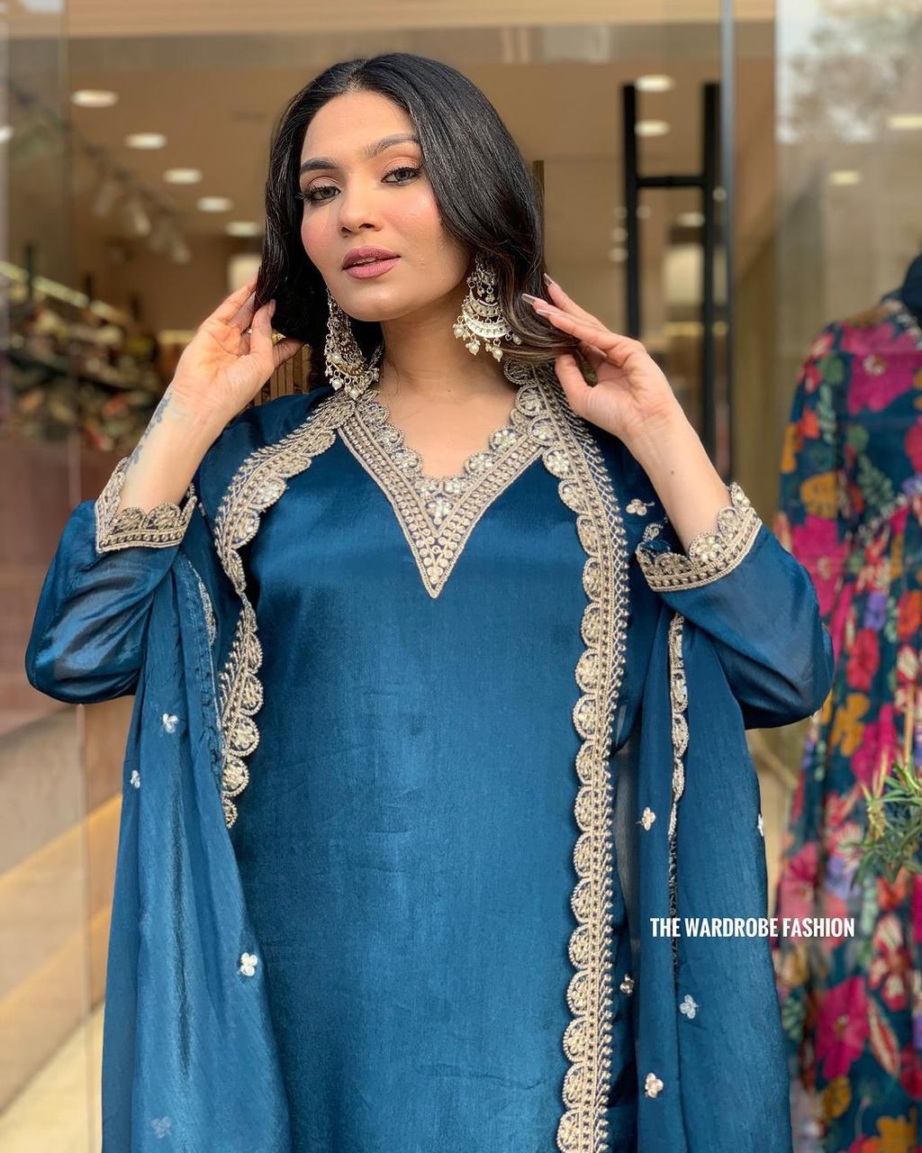 Elegant Blue Kurta Set β Silver Embroidered Grace