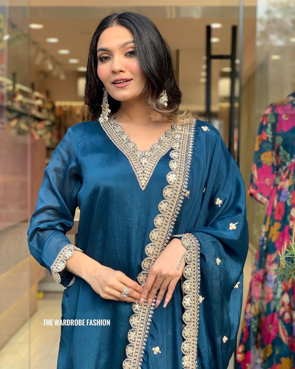 Elegant Blue Kurta Set β Silver Embroidered Grace