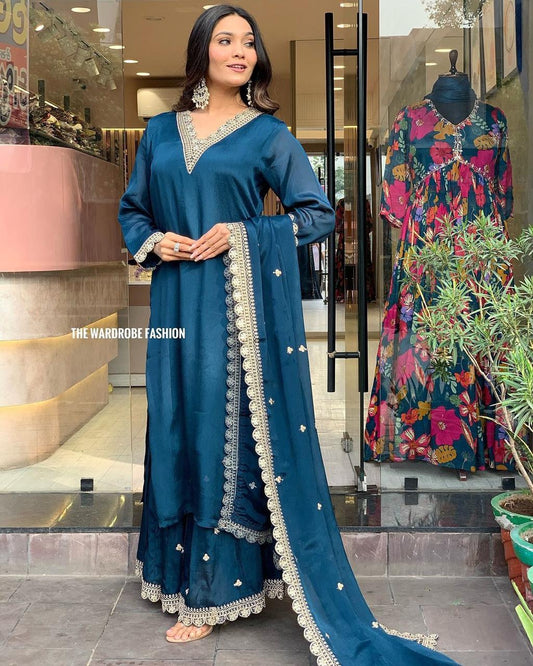 Elegant Blue Kurta Set β Silver Embroidered Grace