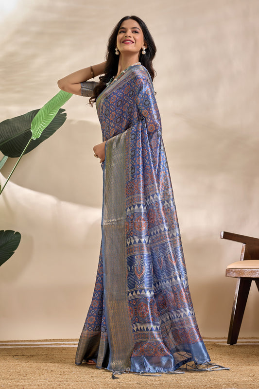 Royal Blue Soft Silk Blend Saree with Traditional Motifs