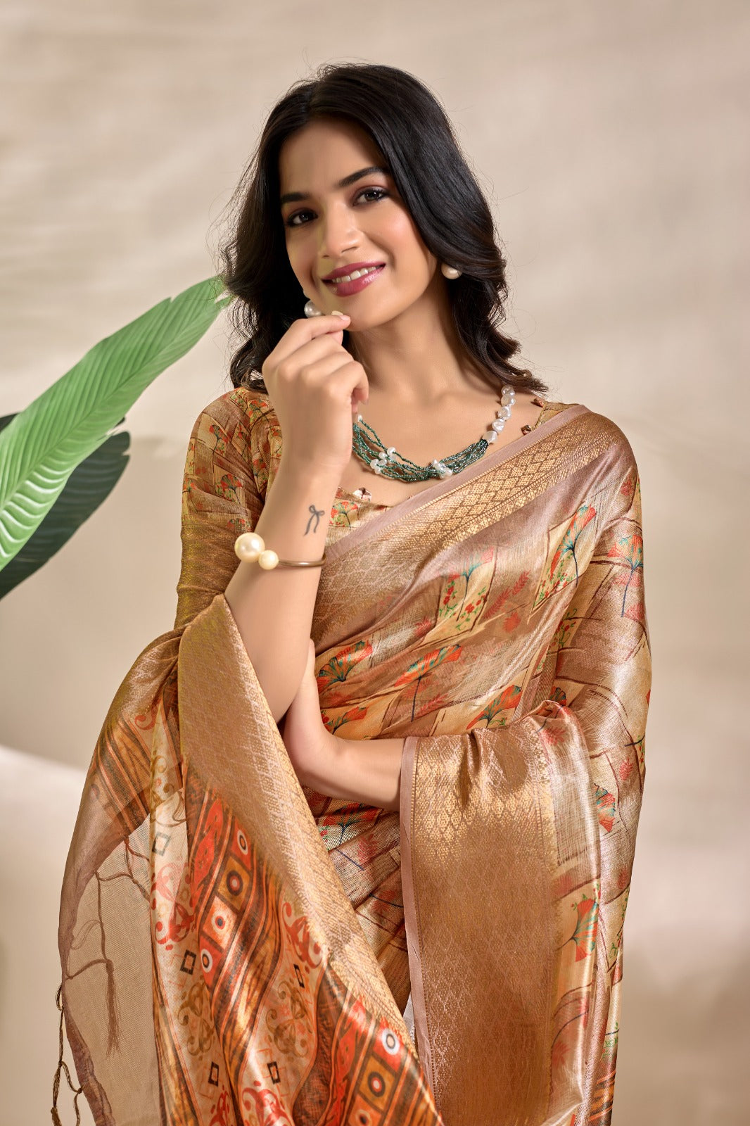 Beige Soft Silk Blend Saree with Tribal Elephant Print