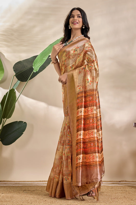 Beige Soft Silk Blend Saree with Tribal Elephant Print