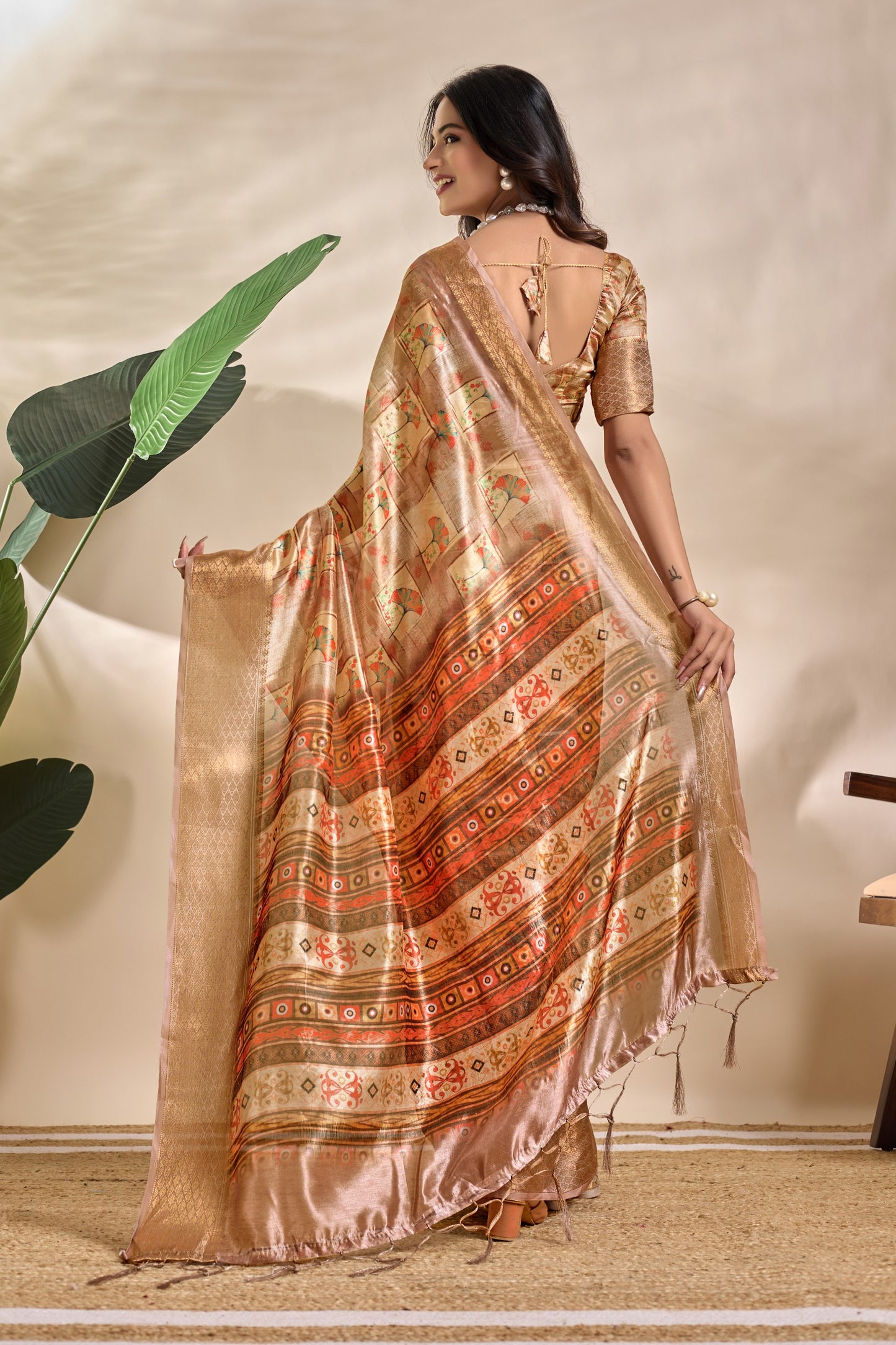 Beige Soft Silk Blend Saree with Tribal Elephant Print