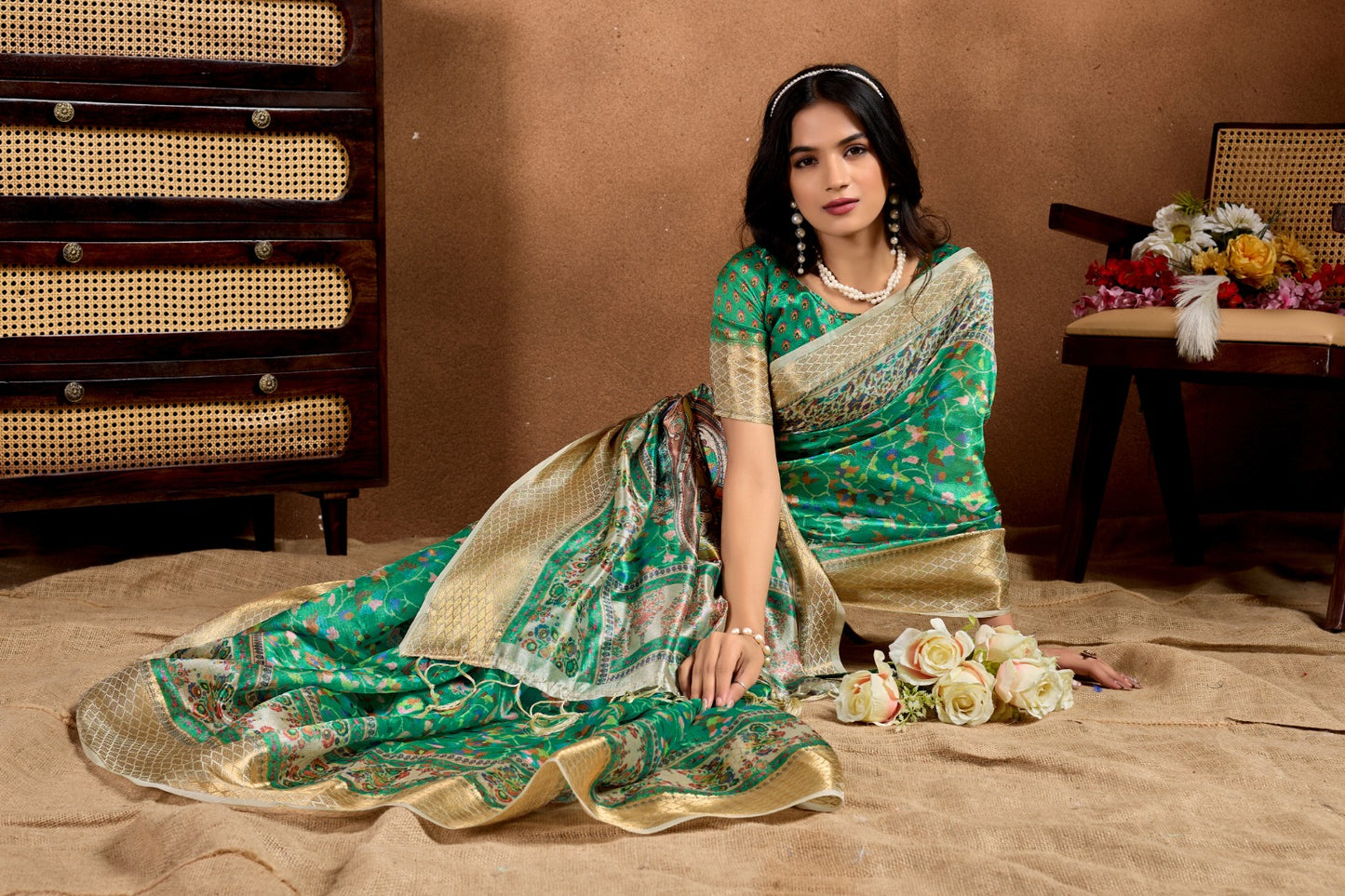 Green Soft Silk Blend Saree with Paisley & Floral Zari Weave