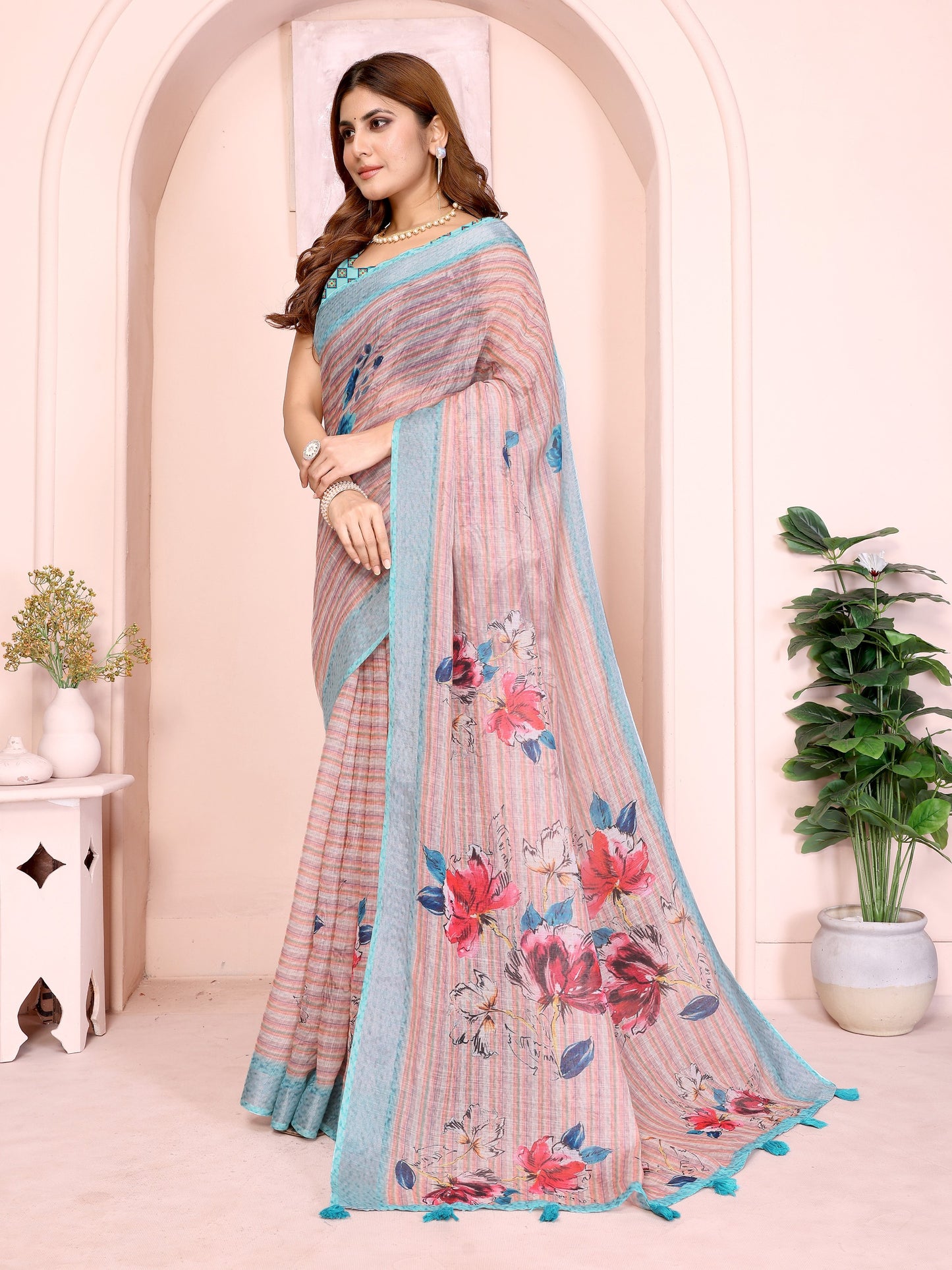 Elegant Linen Cotton Saree with Floral Print