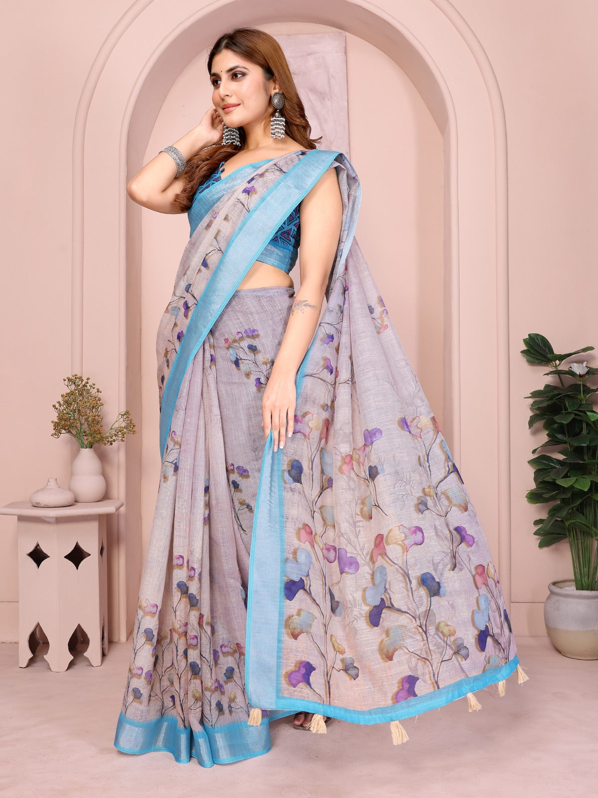 Elegant Linen Cotton Saree with Floral Print