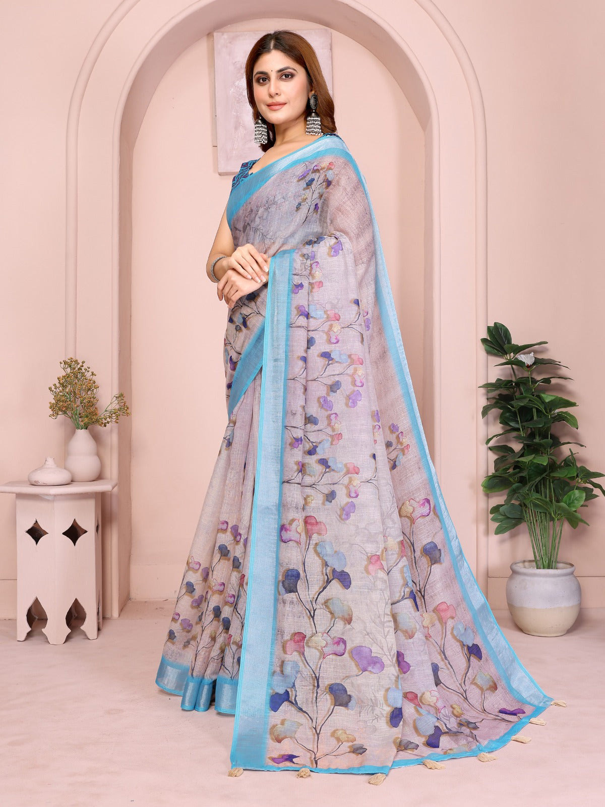 Elegant Linen Cotton Saree with Floral Print
