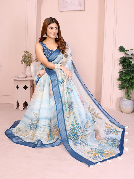 Pastel Blue Linen Cotton Saree with Tropical Leaf Prints