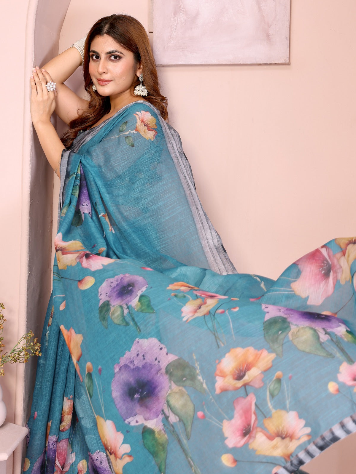 Teal Linen Cotton Saree with Multicolor Floral Prints