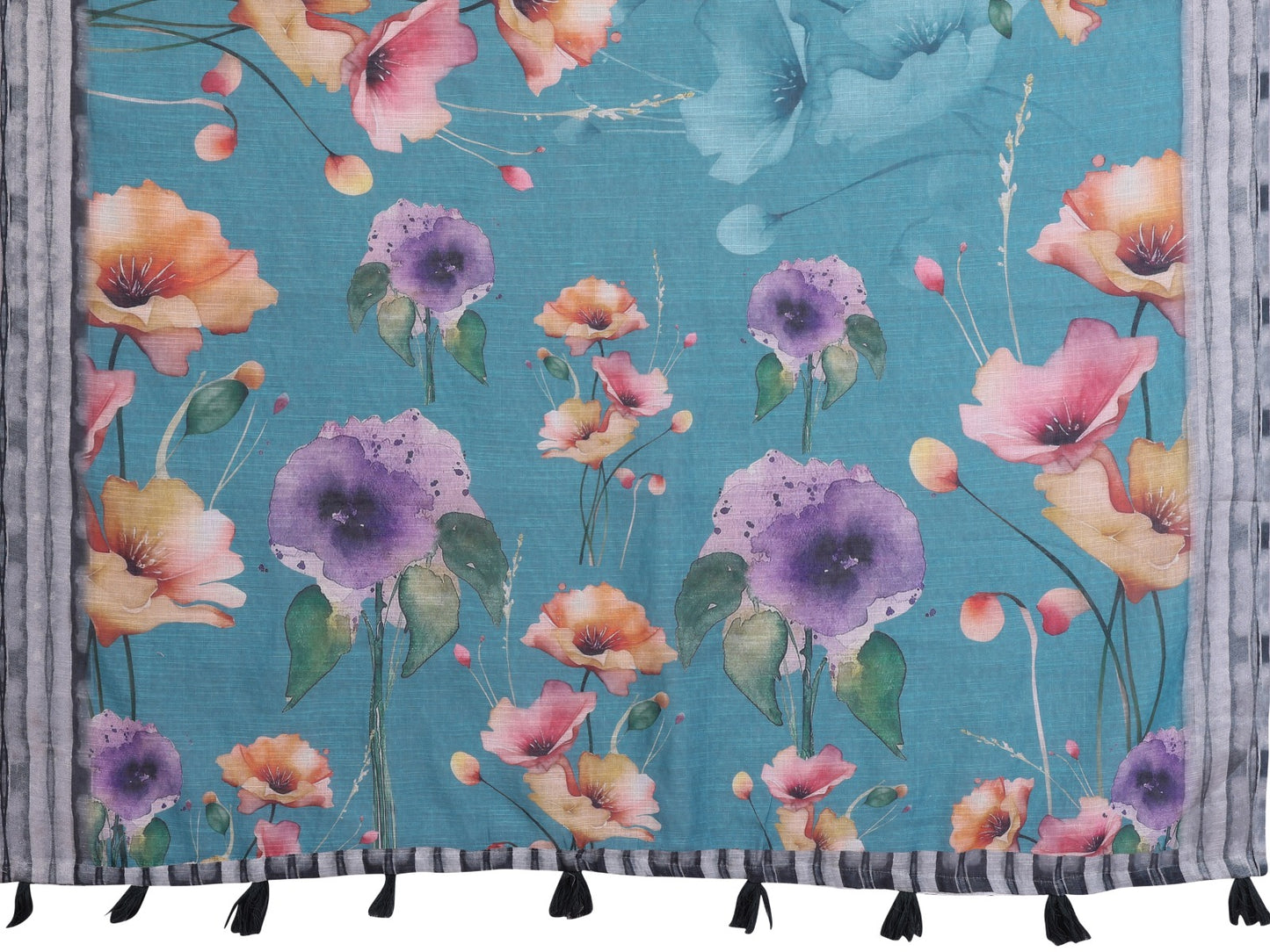 Teal Linen Cotton Saree with Multicolor Floral Prints